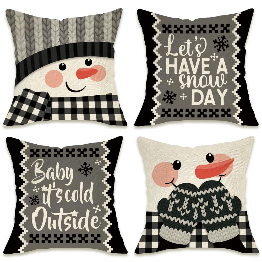 1192 Black Winter Snowman Decorative Throw Pillow Covers 16 x 16 Set of 4